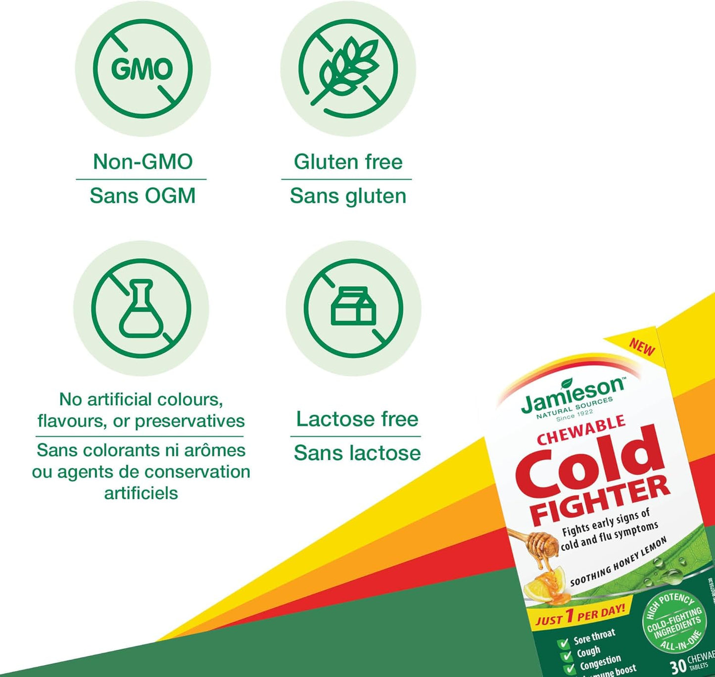 Jamieson 感冒强效咀嚼片，蜂蜜柠檬味，适用于成人和青少年（10 岁以上），有助于对抗感冒早期症状，改善感冒症状。添加生姜成分，缓解恶心，不含人工色素、香精或防腐剂……