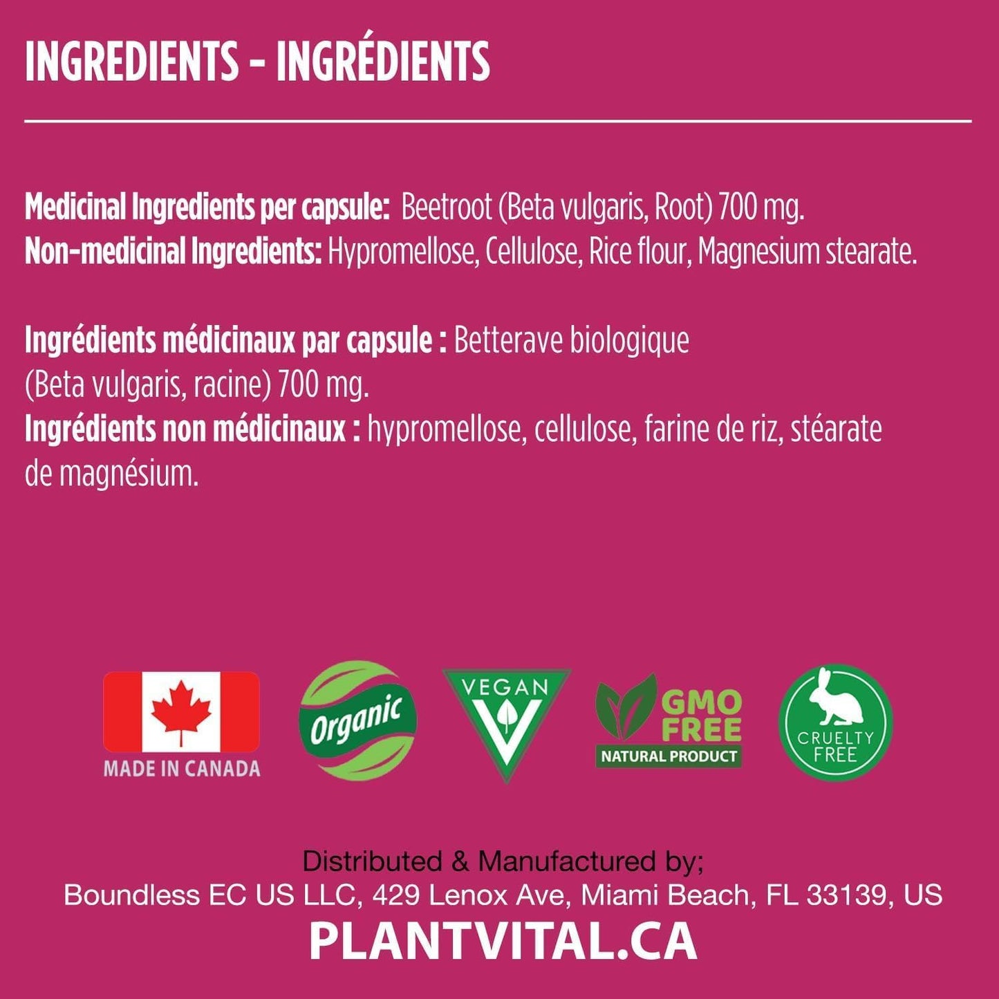PlantVital Organic Beetroot 1400mg per day -Made in Canada, Health Canada Licensed- Antioxidant Beet Root Supplement - Protects Against Oxidative Damage and Free Radicals -120 Capsules, 2-Month Supply