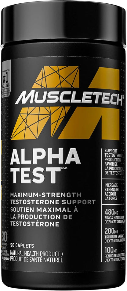 MuscleTech 男士睾酮促进剂、MuscleTech AlphaTest、男士蒺藜、男士强效 ATP 和睾酮促进剂、提升游离睾酮和 ATP 水平，90 粒胶囊 - 包装各异