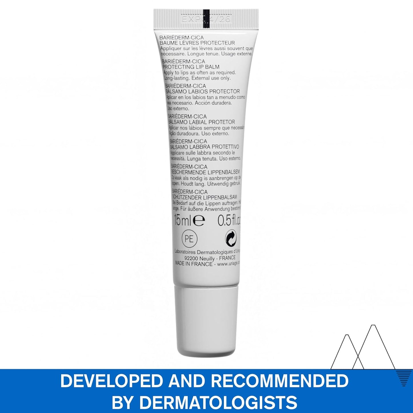 Uriage Bariéderm-CICA Lips Repairing Balm - Repairs, Insulates and Immediately Soothes Dry Chapped & Damaged Lips - With Glycerin - Long-Lasting Formula & Fragrance-Free - 15ml