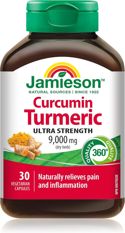 Jamieson Turmeric 9,000 mg, Ultra Strength, Provides Natural Joint Pain Relief, Supports Inflammation, and Helps with Digestion. NON-GMO, Gluten-Free, 30 Vegetarian Capsules, Proudly Canadian