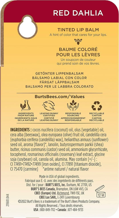 Burt's Bees 有色润唇膏，滋润并软化干燥的嘴唇，持久保湿长达 8 小时，1 支装 - 红色大丽花