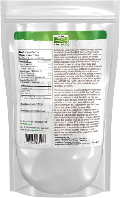 NOW Real Food, Organic Erythritol, Pleasant Sweetner for Reduced-Calorie and Sugar-Free Recipes, Zero-Calorie, Low Glycemic Impact, 454g