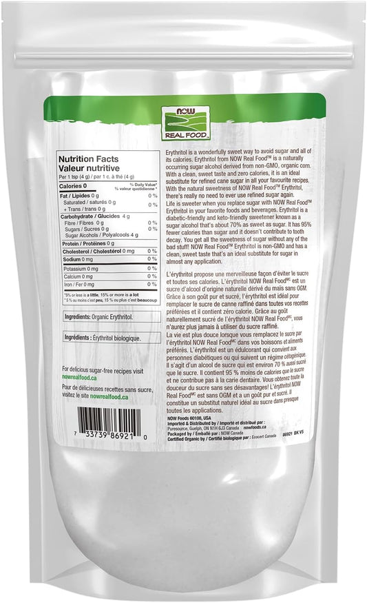 NOW Real Food, Organic Erythritol, Pleasant Sweetner for Reduced-Calorie and Sugar-Free Recipes, Zero-Calorie, Low Glycemic Impact, 454g