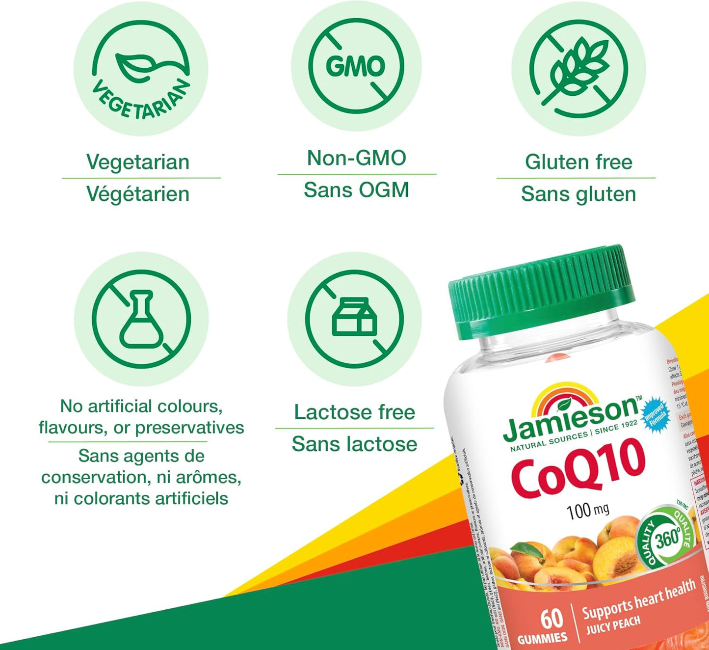 Jamieson 輔酶 Q10 100 毫克軟糖，桃子口味，輔酶 Q10，有益心臟健康，減少偏頭痛發作頻率。強效抗氧化，素食，無麩質，不含人工色素、香精或防腐劑，6…