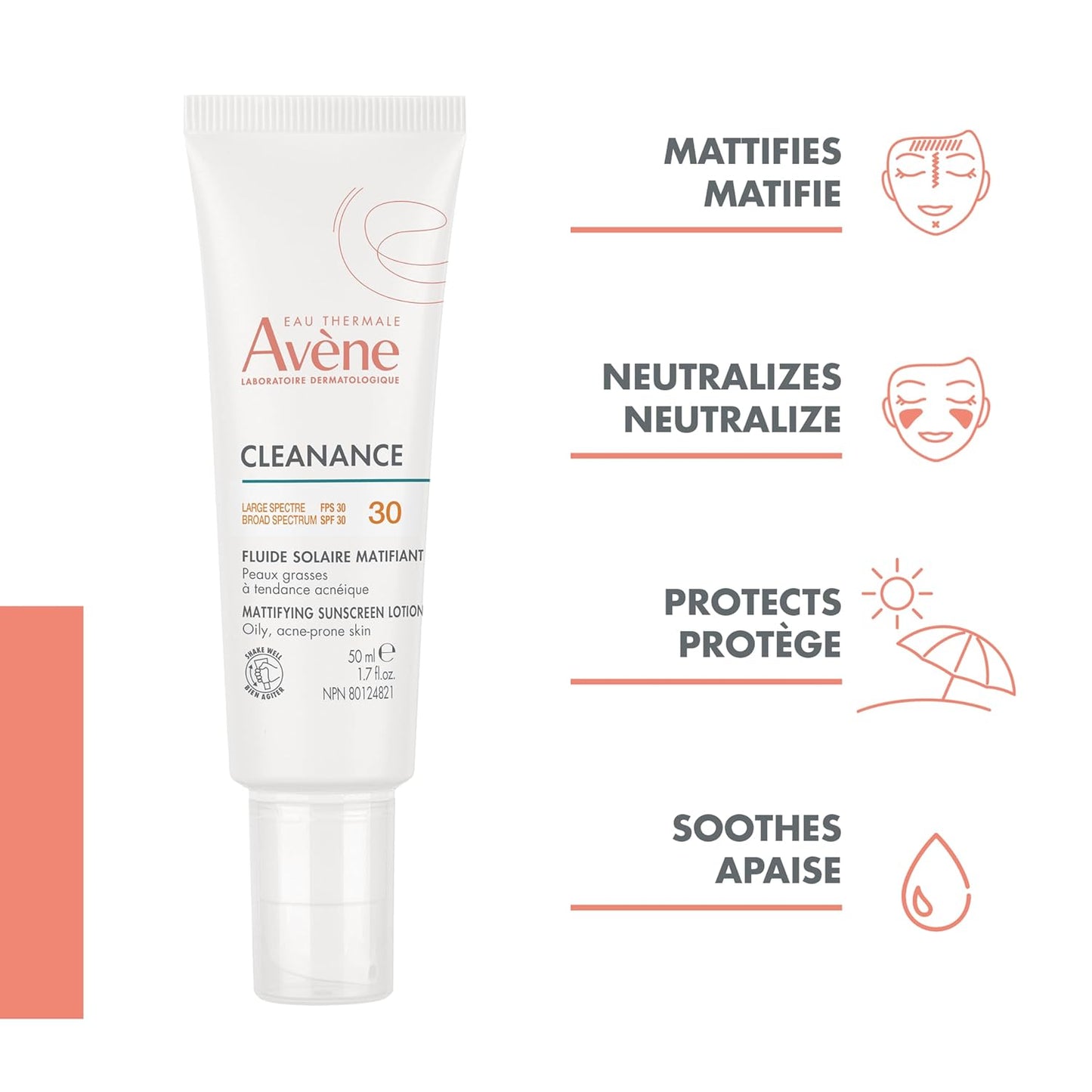 Eau Thermale Avene Cleanance Mattifying Sunscreen Lotion SPF 30, Daily Face Moisturizer Sun Protection, 40 ml