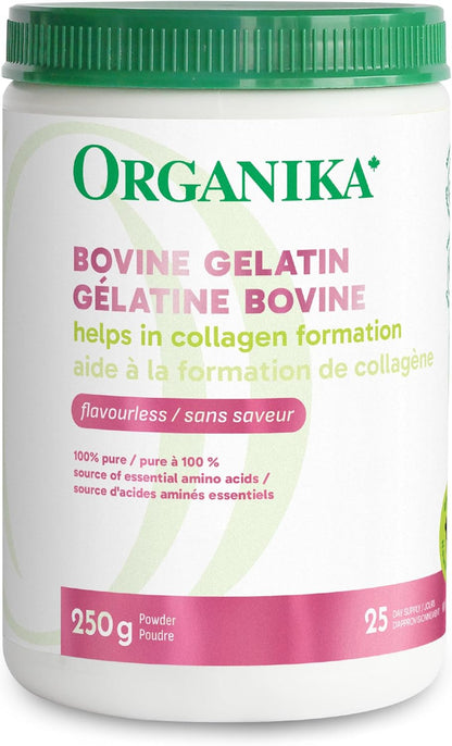 Organika Canadian-Made Bovine Gelatin (Unflavoured) - Collagen With 18 Amino Acids for Healthier Skin, Hair, Bones and Gut | Grass-Fed Source - 250g