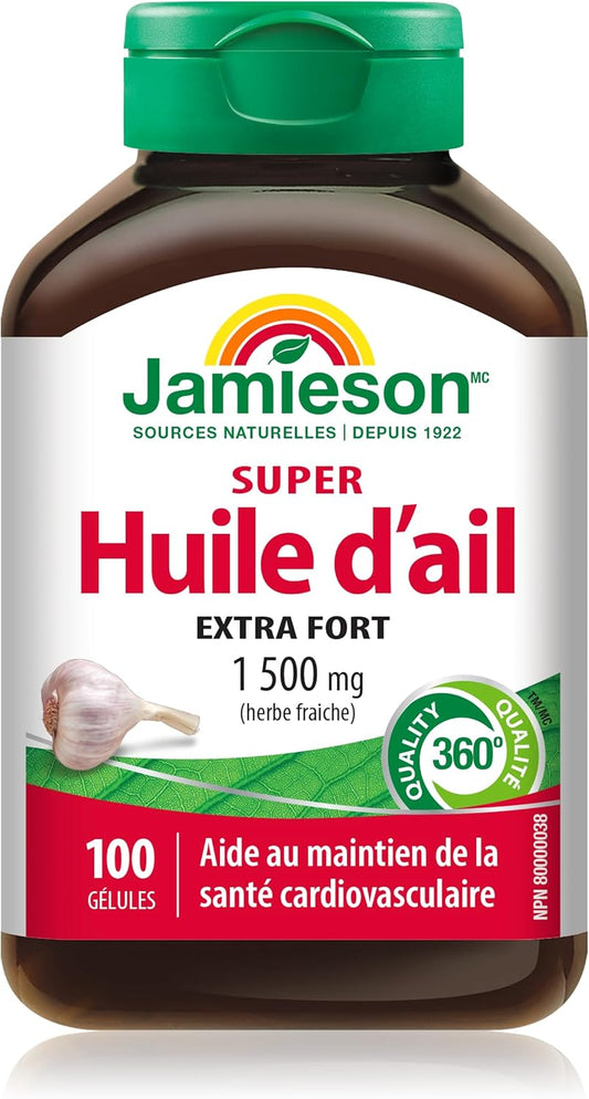Jamieson 超级蒜油 1500 毫克，强效配方，支持心脏健康，增强免疫力。非转基因，无麸质，100 粒软胶囊，加拿大制造