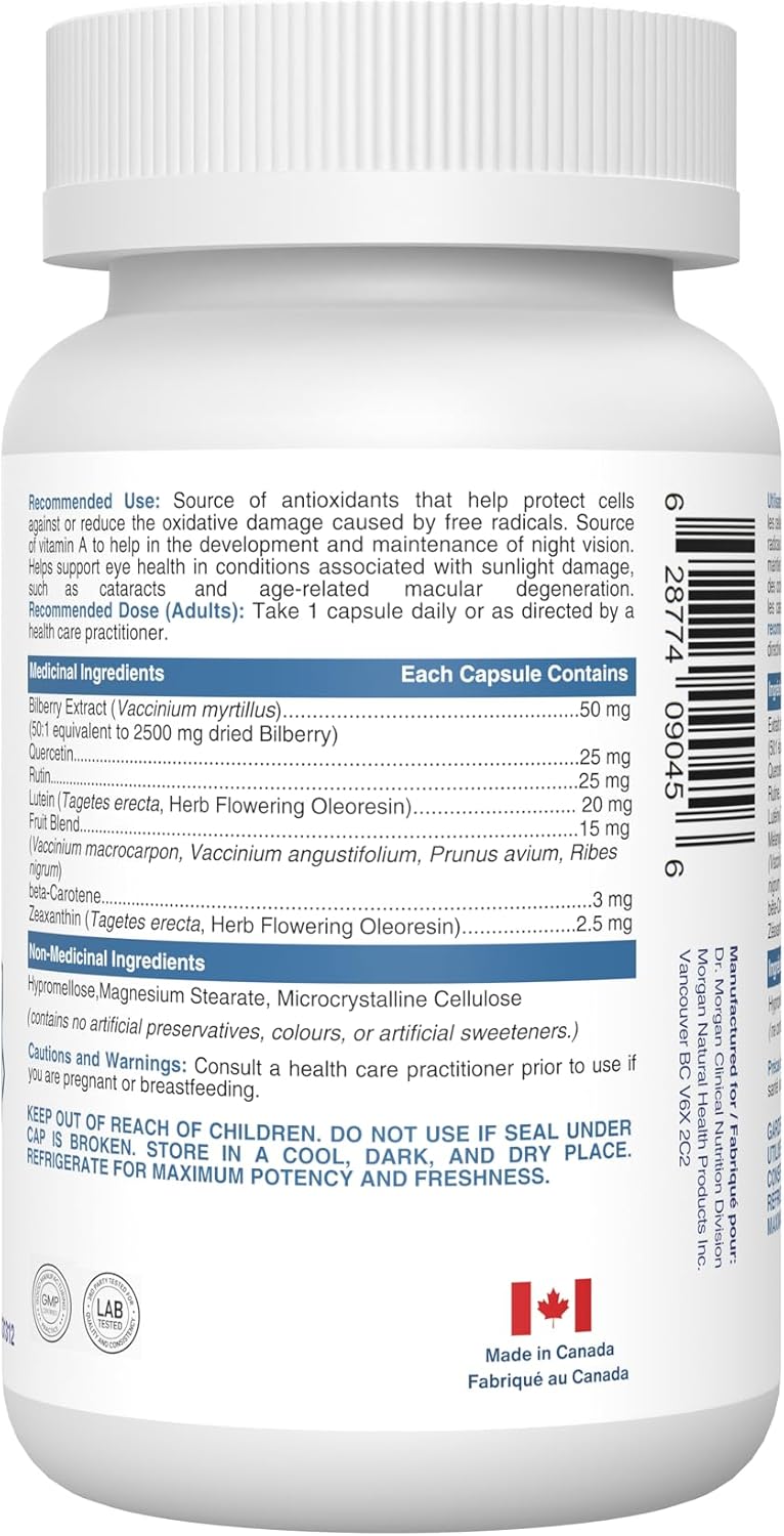 摩根博士 EYE BRIGHT 眼部補充劑，含越橘、葉黃素、玉米黃質和β-胡蘿蔔素 - 支持黃斑功能、夜視和抗氧化保護 - 60 粒膠囊