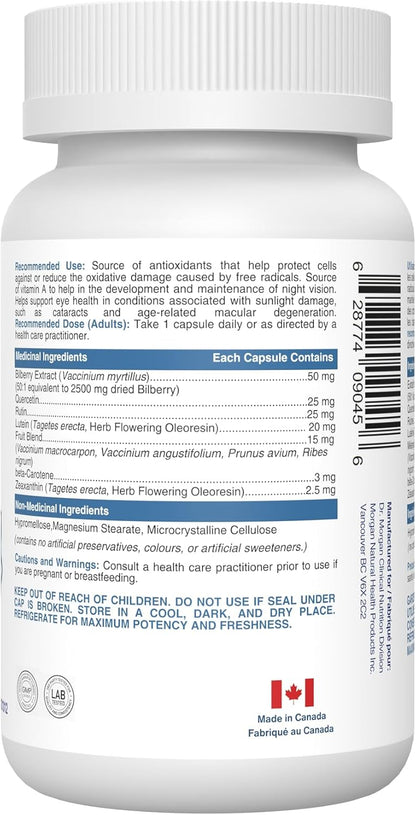 摩根博士 EYE BRIGHT 眼部補充劑，含越橘、葉黃素、玉米黃質和β-胡蘿蔔素 - 支持黃斑功能、夜視和抗氧化保護 - 60 粒膠囊