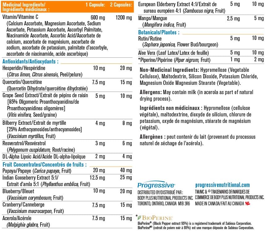漸進式維生素 C 複合物 600 毫克，脂溶性緩衝維生素 C，含生物類黃酮、全食物抗氧化劑和胡椒鹼，用於增強免疫系統和抗氧化，加拿大製造，純素，非轉基因，120 粒素食膠囊