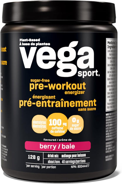 Vega Sport 無糖運動前能量飲料，莓果味（40 份）和運動蛋白素食蛋白粉，香草味（20 份）支鏈氨基酸、氨基酸、生酮友好型、酸櫻桃味、無麩質