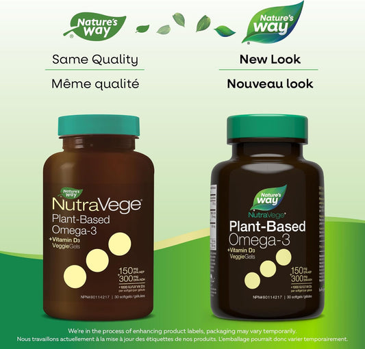 Nature's Way NutraVege 植物性 Omega-3 + D 素食凝膠 - 適合素食主義者的 Omega-3 補充劑，含 300 毫克 DHA + 150 毫克 EPA 和 1000 IU 認證素食維生素 D3 - 新鮮薄荷味 - 支持免疫、心臟和大腦功能…
