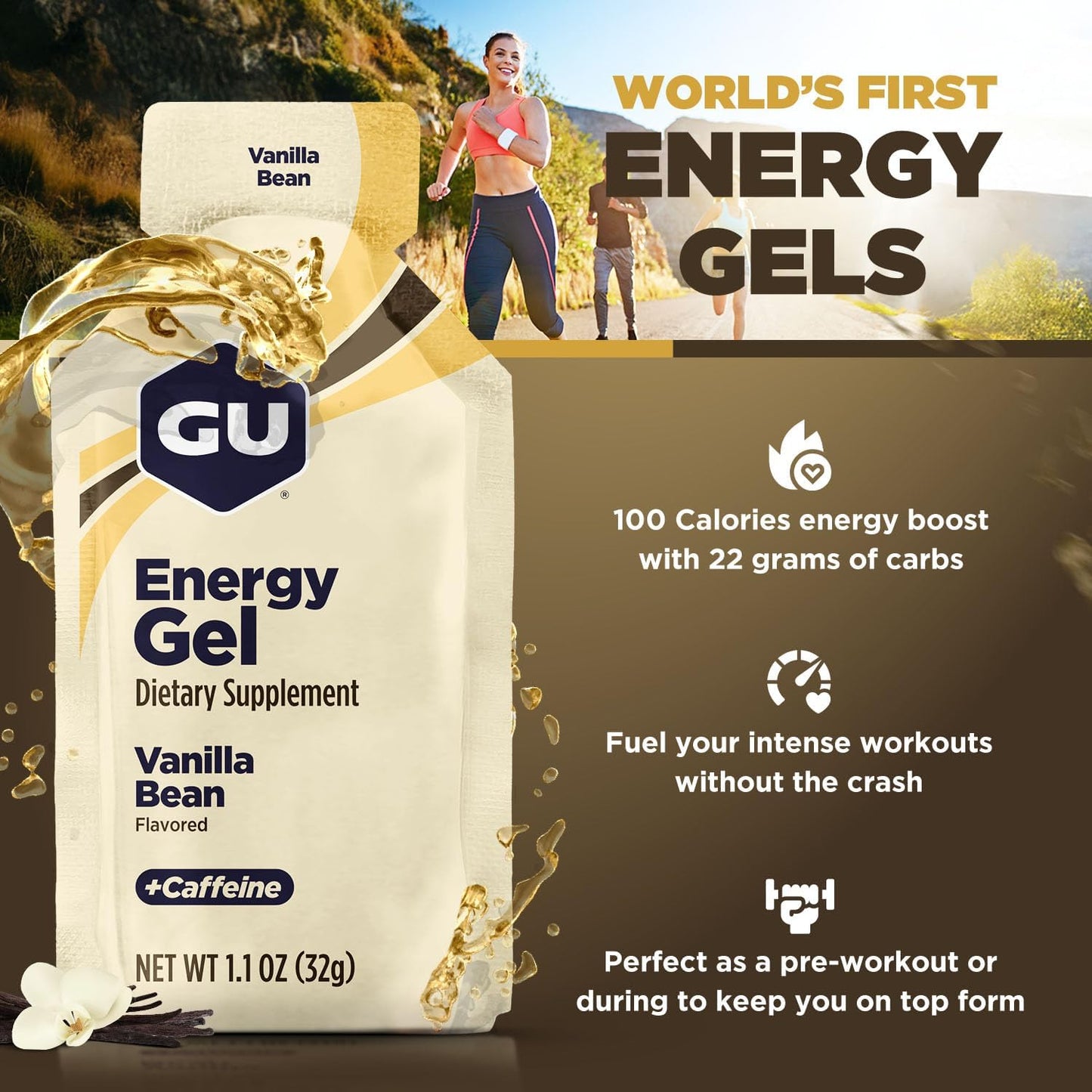 GU ENERGY 原装运动营养能量凝胶，香草味，24 粒装