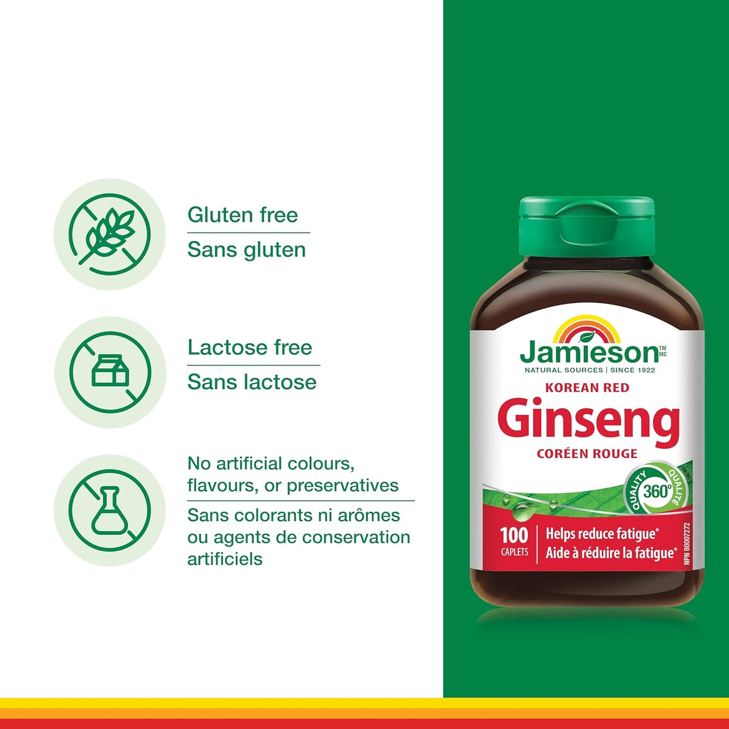 Jamieson 韩国红参，人参，有助于缓解压力，减轻疲劳，增强认知健康，提升体能。非转基因，无麸质，100 粒素食胶囊，加拿大制造