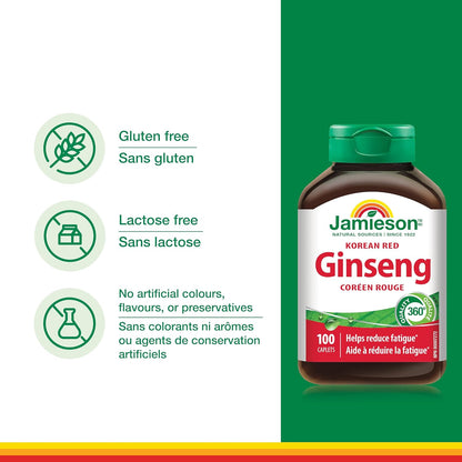 Jamieson 韩国红参，人参，有助于缓解压力，减轻疲劳，增强认知健康，提升体能。非转基因，无麸质，100 粒素食胶囊，加拿大制造