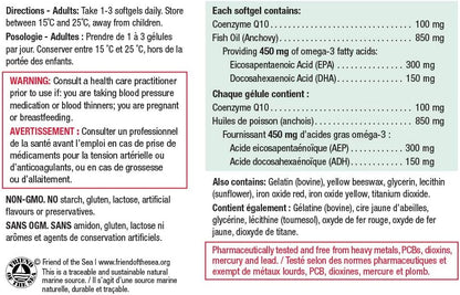 Jamieson CoQ10 100毫克，含450毫克Omega-3和輔酶Q10，支持心臟健康、大腦健康，並有助於預防偏頭痛。不含麩質和乳糖，30粒軟膠囊，加拿大製造