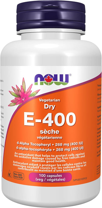 NOW Supplements，维生素 E-400 IU D-α 生育酚，干性，抗氧化保护*，100 粒素食胶囊