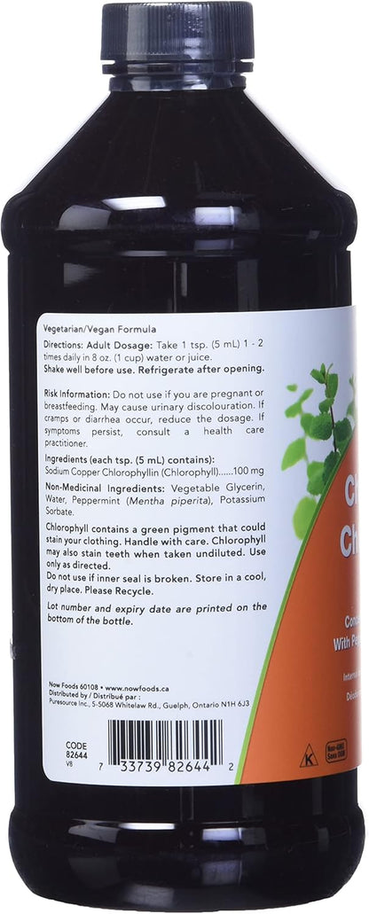 NOW Supplements, Liquid Chlorophyll, Super Concentrated, Internal Deodorizer, Mint Flavour, 473mL