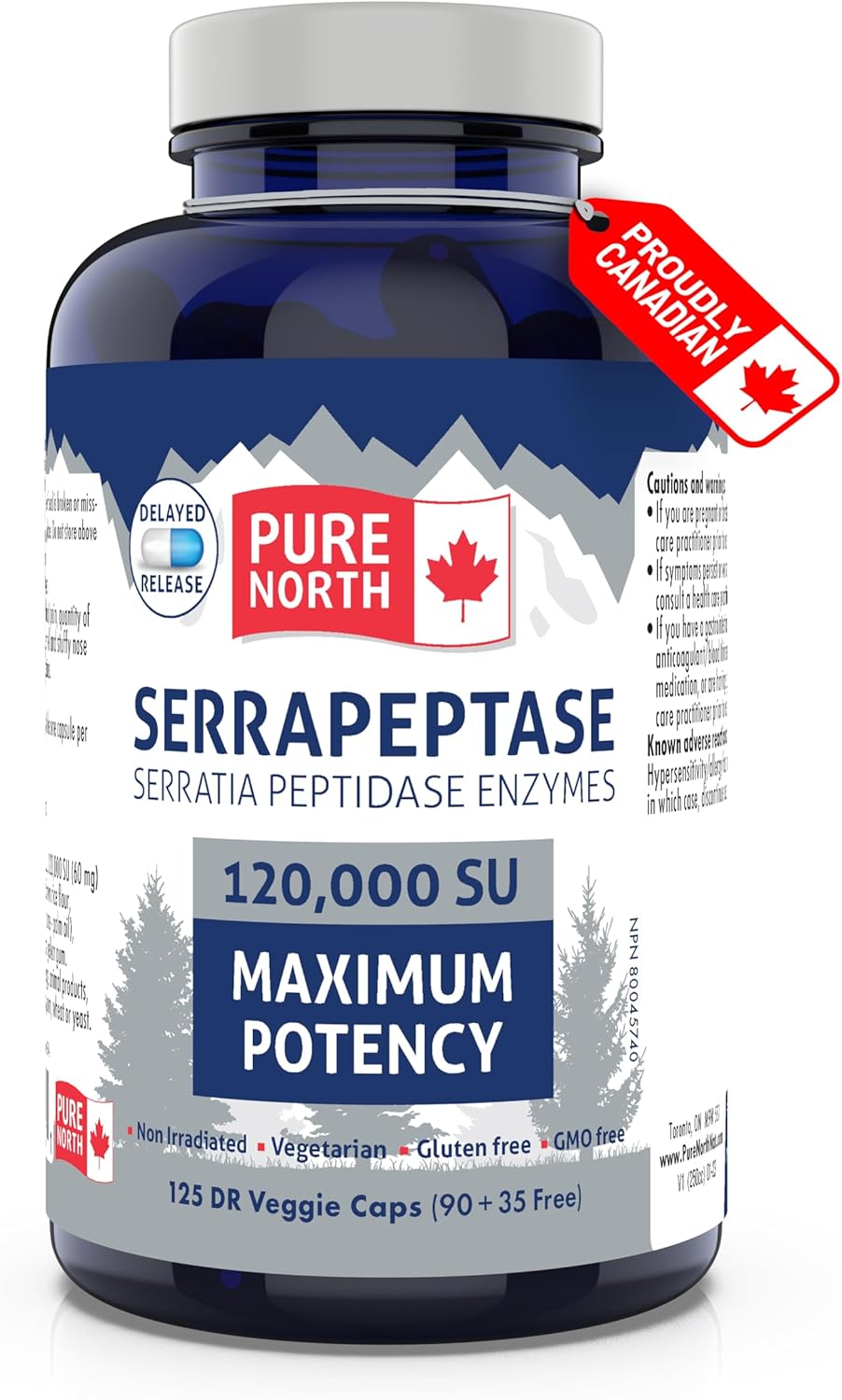 Pure North Naturals - Serrapeptase 沙雷氏菌肽酶 120000 SU 最大效力（90+35 粒胶囊）125 天供应 - 支持呼吸健康 - 经第三方测试 - 加拿大配制和制造