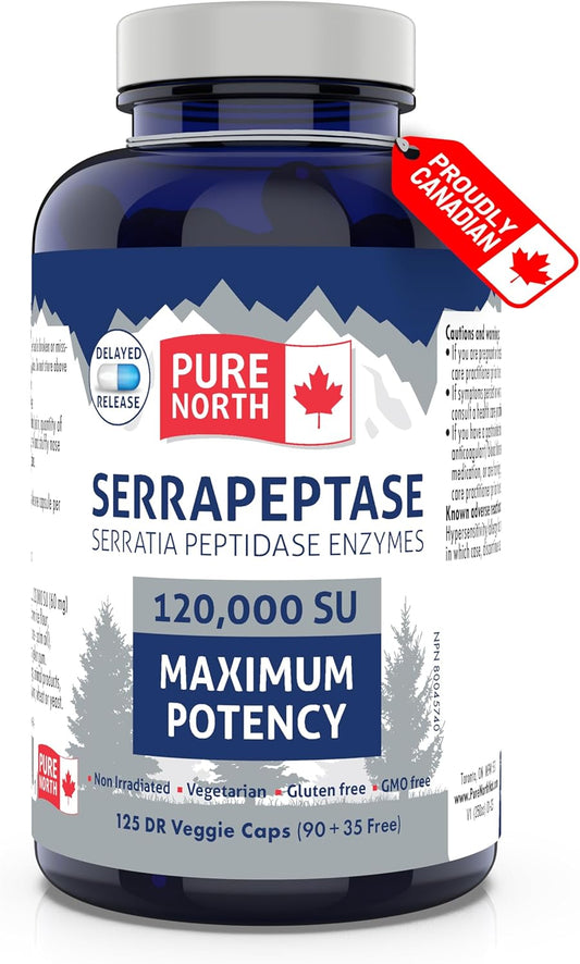 Pure North Naturals - Serrapeptase Serratia Peptidase Enzymes 120000 SU Maximum Potency (90+35 Capsules) 125-Day Supply - Supports Respiratory Health - 3rd Party Tested - Formulated & Made in Canada