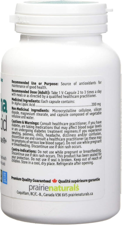 Prairie Naturals R(+) α-硫辛酸 200 毫克（R+ ALA）提供抗氧化剂，有助于维持身体健康 - 60 粒素食胶囊