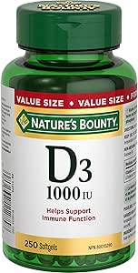 NATURE'S BOUNTY Vitamin D3, 1000 IU, Value Size, Helps Support Immune Function, Helps Develop & Maintain Bones & Teeth, Helps in Absorption Of Calcium & Phosphorus, 250 Softgels, 58.8 g