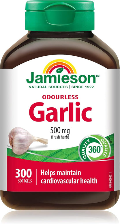 Jamieson Odourless Garlic 500 mg, Supports Heart Health, and Provides Immune Support. Non-GMO, Gluten-Free, 300 Softgels, Proudly Canadian