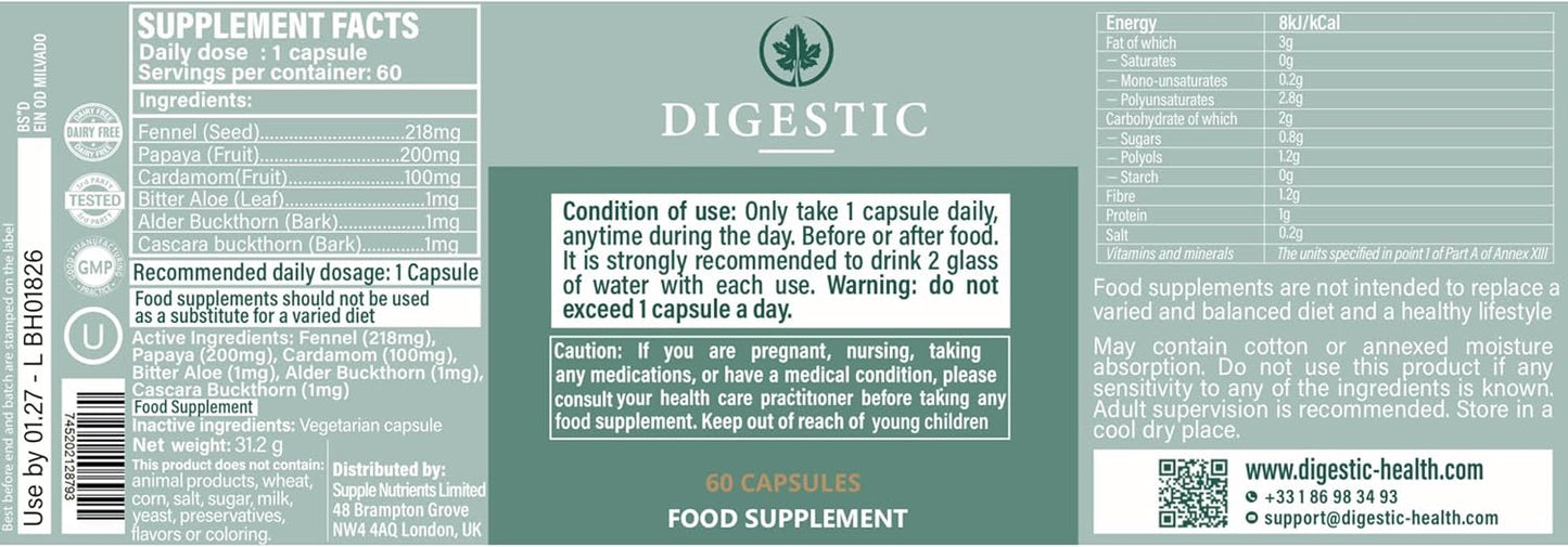 消化剂 - 缓解便秘的泻药，100% 天然大便软化剂，60 粒胶囊，结肠排毒清洁，缓解腹胀和胀气