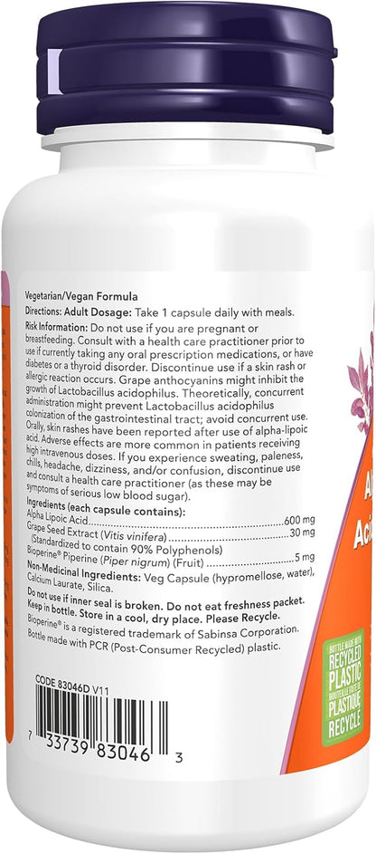 NOW Supplements, α-硫辛酸 600 毫克，含葡萄籽萃取物和胡椒鹼，強效，60 粒素食膠囊