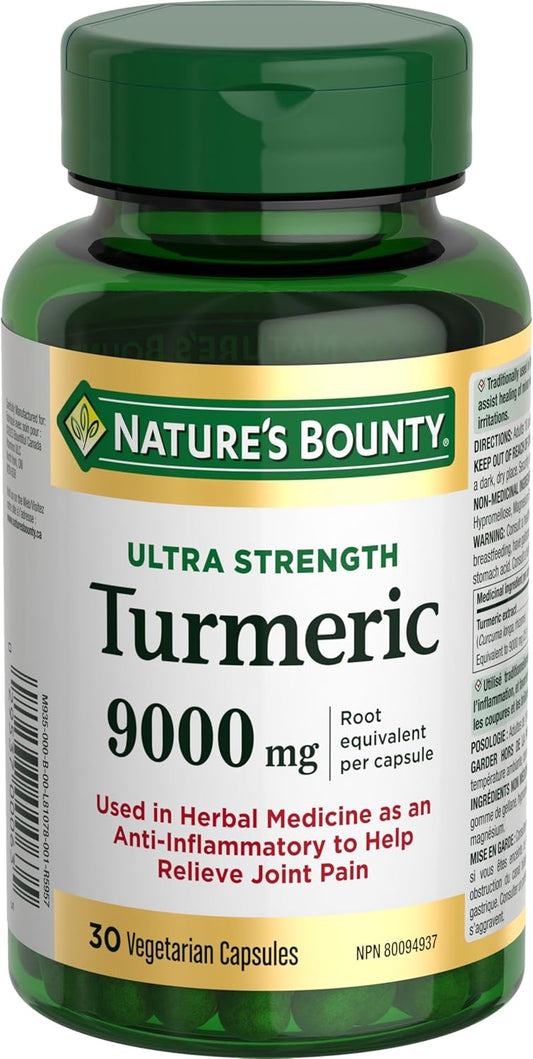 NATURE'S BOUNTY Turmeric, Ultra Strength, 9000 mg, Vegetarian, Anti-inflammatory For Joint Pain, Helps Healing Of Minor Wounds Like Cuts & Burns And Minor Skin Irritations, Capsules, 30 g