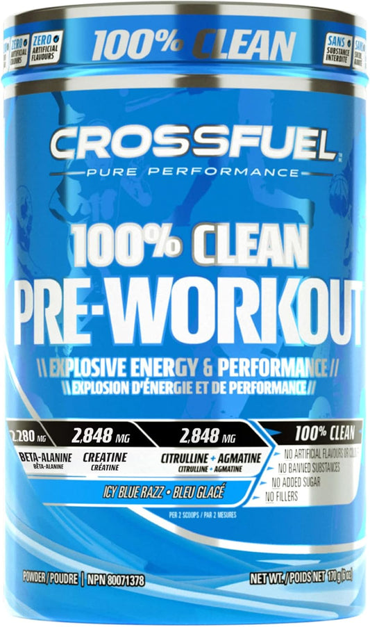 含肌酸鹽酸鹽、β-丙氨酸、L-瓜氨酸、爆發力能量和性能的鍛煉前粉，冰藍色拉茲口味，100% 純淨：不添加糖、人工色素或香精 - 170 克