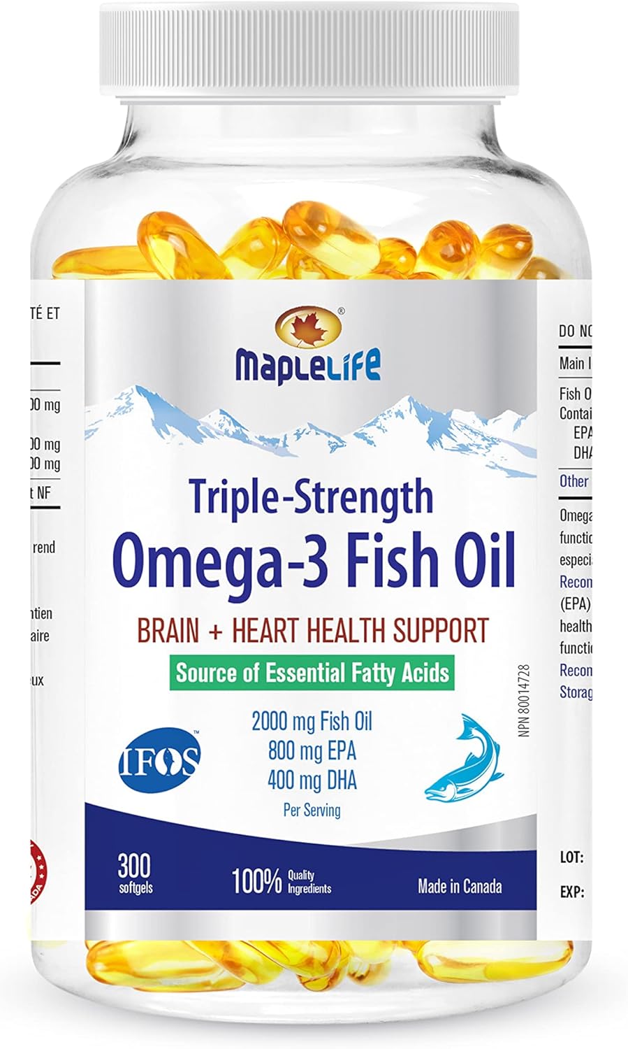 MapleLife Nutrition® - 三重强度 - Omega-3 鱼油 - 大脑 + 心脏健康 - 必需脂肪酸 - DHA、EPA - 鱼油软胶囊 2000 毫克 - 300 粒软胶囊