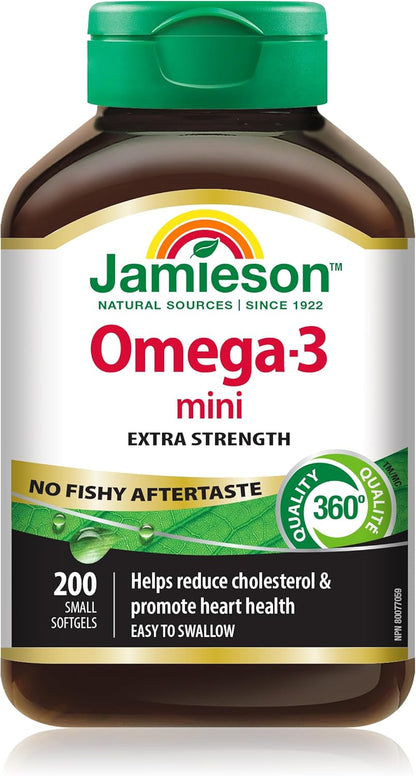 Jamieson Omega-3 迷你軟膠囊，無魚腥味，有益心臟健康，支持大腦健康。含 210 毫克 EPA 和 140 毫克 DHA，不打嗝，易吞嚥，無麩質，非基因改造，200 粒裝