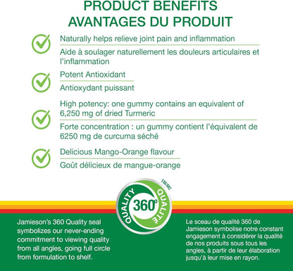 Jamieson Turmeric Gummies Mango Orange Flavour, Provides Natural Joint Pain Relief and Supports Inflammation, Potent Antioxidant. Vegetarian, Non-GMO, Gluten-Free, No Artificial Colours, or Flavours, 60 Count, Proudly Ca…