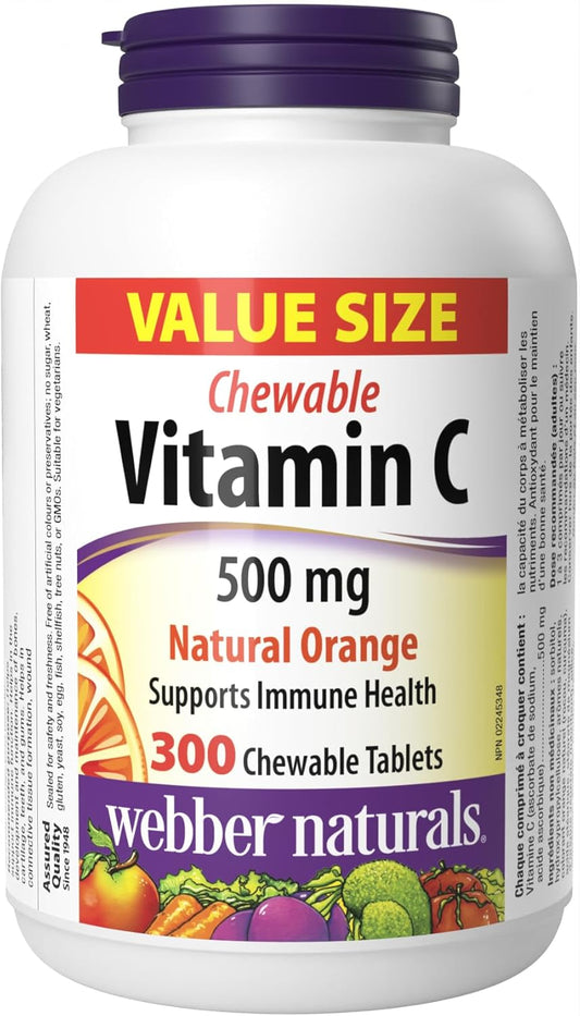 Webber Naturals Vitamin C Chewbale 500 mg, 300 Orange Flavour Tablets, For Bones, Teeth & Vitamin D3 2500 IU Extra Strength, 180 Softgels, For Healthy Bones, Teeth