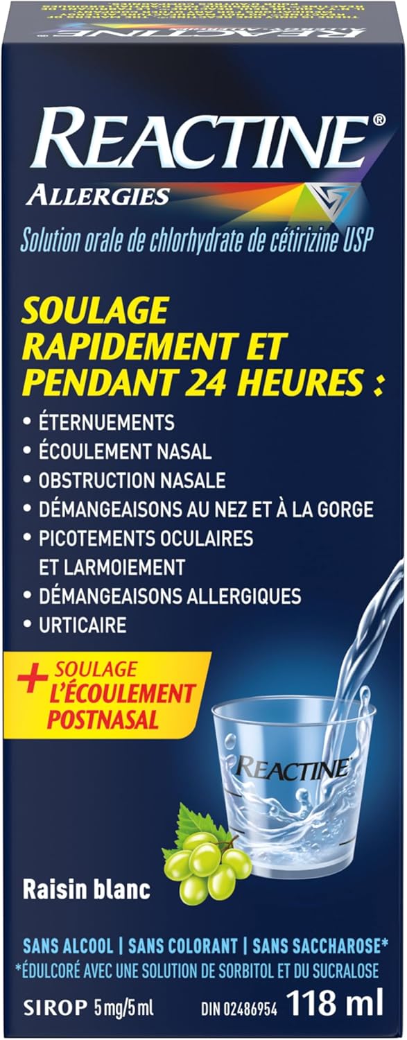 Reactine Liquid Allergy Medicine - For Itchy Eyes, Hives, Runny Nose - 24 Hour Allergy Relief - White Grape Flavour, 118 mL