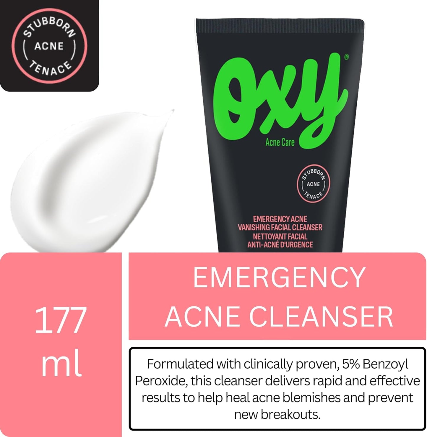 Oxy Emergency Acne Vanishing Facial Cleanser - 5% Benzoyl Peroxide – Stubborn Acne Control - Helps Treat, and Prevent Breakouts – Allows Skin to Heal - Fragrance Free - Dermatologist Tested