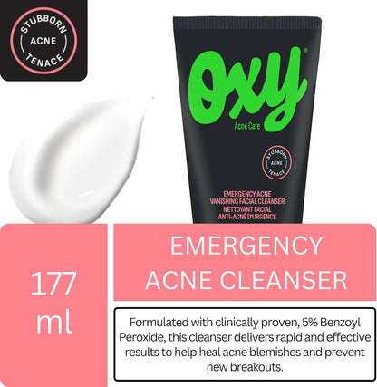 Oxy Emergency Acne Vanishing Facial Cleanser - 5% Benzoyl Peroxide – Stubborn Acne Control - Helps Treat, and Prevent Breakouts – Allows Skin to Heal - Fragrance Free - Dermatologist Tested