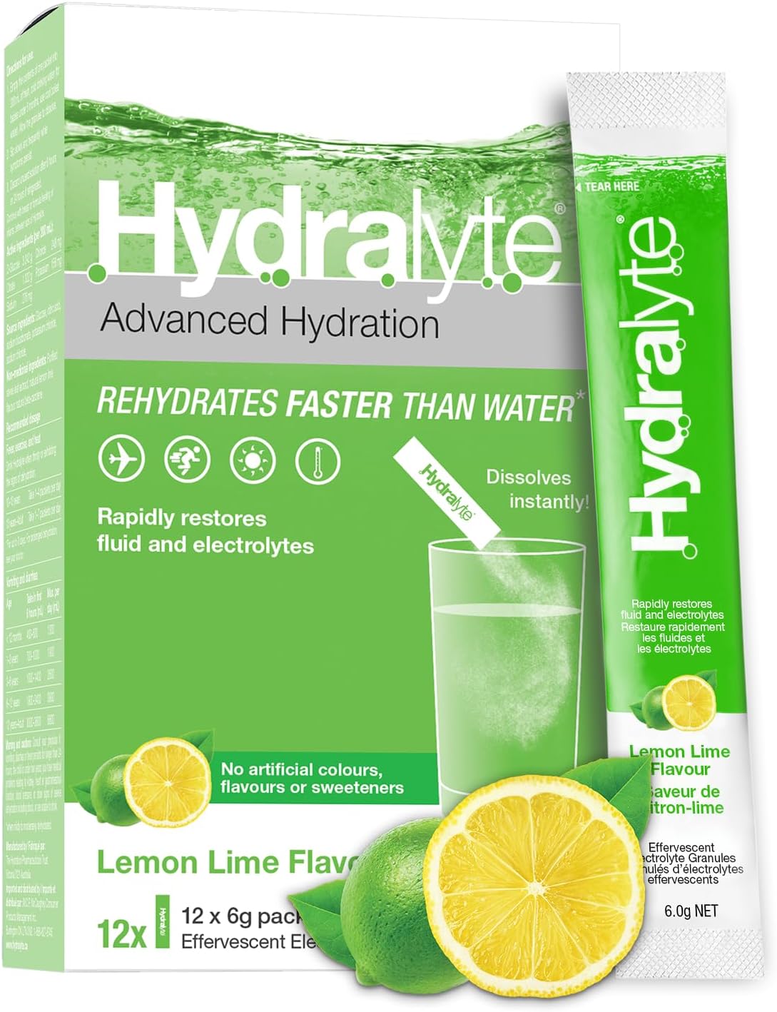 HydraLyte 电解质粉，低糖电解质包，专为快速补水而设计，适合所有年龄段的安全补水 - 采用全天然成分制成，12 份，柠檬青柠口味