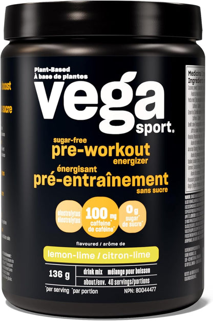 Vega Sport Hydration Electrolyte Powder Lemon Lime (40 Servings) & Sport Sugar Free Pre-Workout Energizer, Lemon Lime (40 Servings)