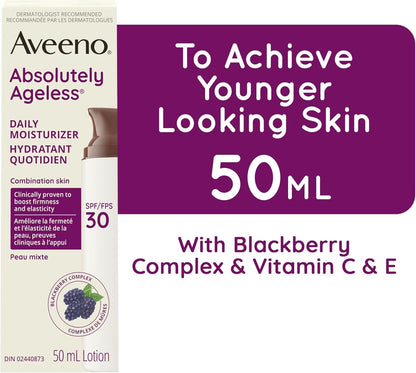 Aveeno Absolutely Ageless 每日保湿霜 SPF 30，抗衰老，面部，皱纹霜，抗氧化黑莓复合物；维生素 C 和 E，瓶装，1 包，50 毫升