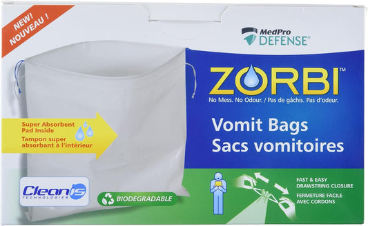 Zorbi Biodegradable Vomit Bags with Super Absorbent Pads, White, 20 Count