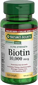 NATURE'S BOUNTY Biotin, Ultra Strength, 10,000 mcg, Promotes Hair Growth, Thicker Healthier Nails, Stronger Thicker Hair & Healthier Skin, Helps Metabolize Nutrients, Softgels, 55.4 g