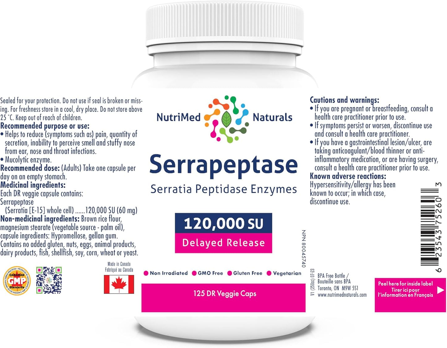Nutrimed Naturals - Serrapeptase 120000, 125 Capsules 125-Day Supply - High Potency Systemic Enzyme Supplement, Serrapeptase Blend for Optimal Health - 3rd Party Tested - Formulated and Made in Canada