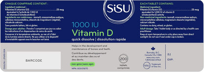 SISU 维生素 D3 1,000 IU，无味 | 对钙的正常吸收和预防骨质流失至关重要 | 200 片微型速溶片 | 不含麸质、乳制品、非转基因