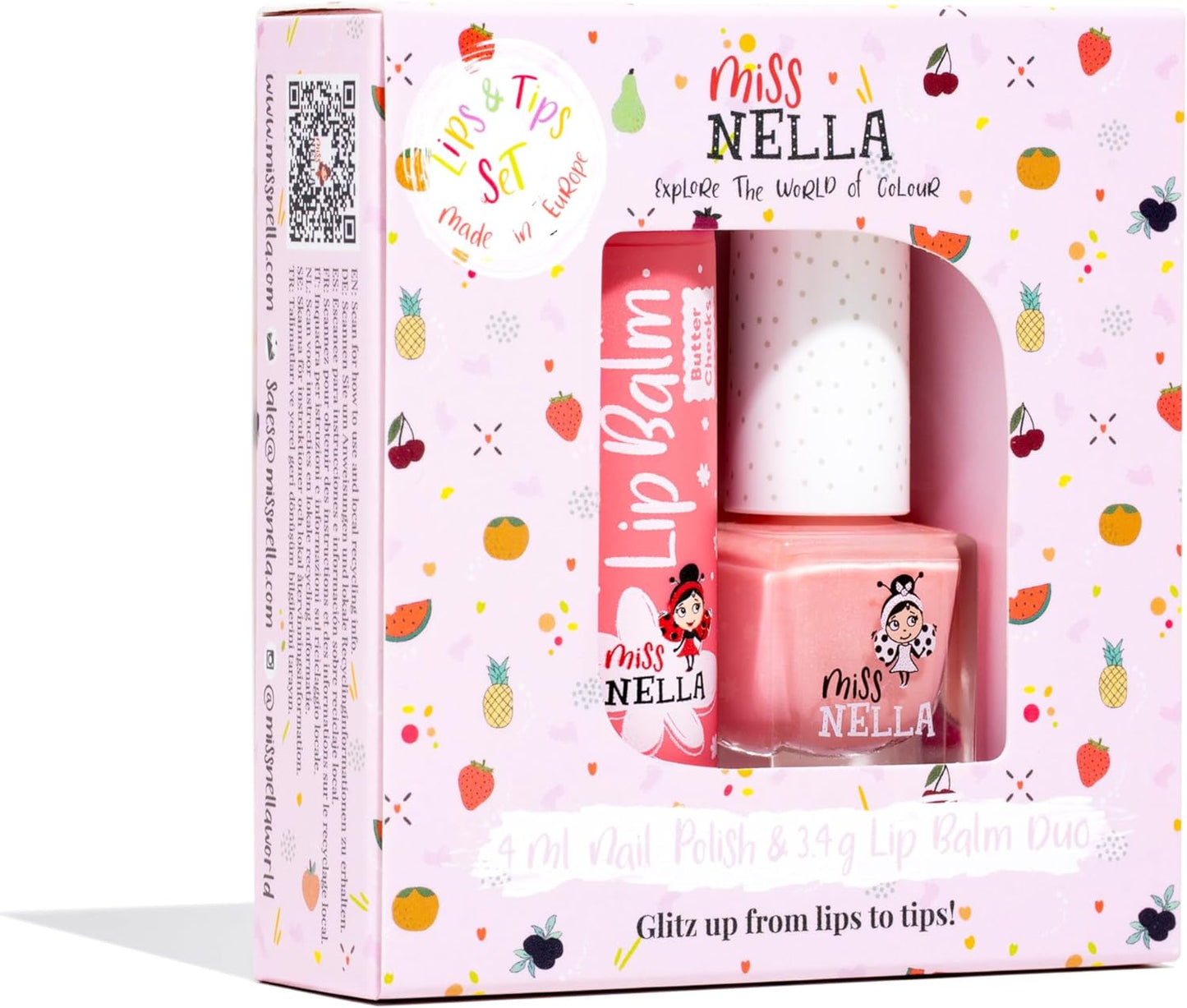 Miss Nella Nail Polis + Lip Balm set- Special Peach Glitter Nail Polish for Kids- PEACH SLUSHIE, with Peel-off, Water Based & Odour Free Formula + BUTTER CHEEKS pink hypoallergenic lip balm