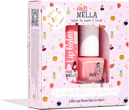 Miss Nella Nail Polis + Lip Balm set- Special Peach Glitter Nail Polish for Kids- PEACH SLUSHIE, with Peel-off, Water Based & Odour Free Formula + BUTTER CHEEKS pink hypoallergenic lip balm