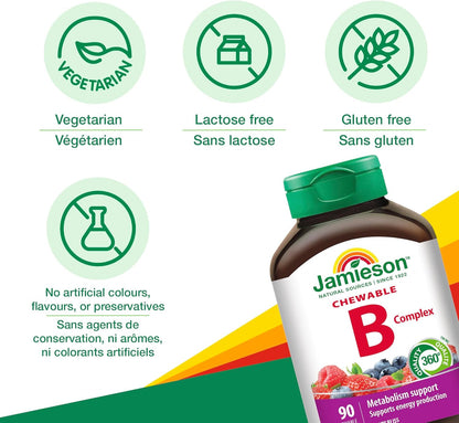 Jamieson 咀嚼维生素B复合物，天然浆果口味，天然补充能量，促进新陈代谢，补充叶酸。素食，无麸质，不含人工香料、色素或防腐剂，90粒，加拿大制造
