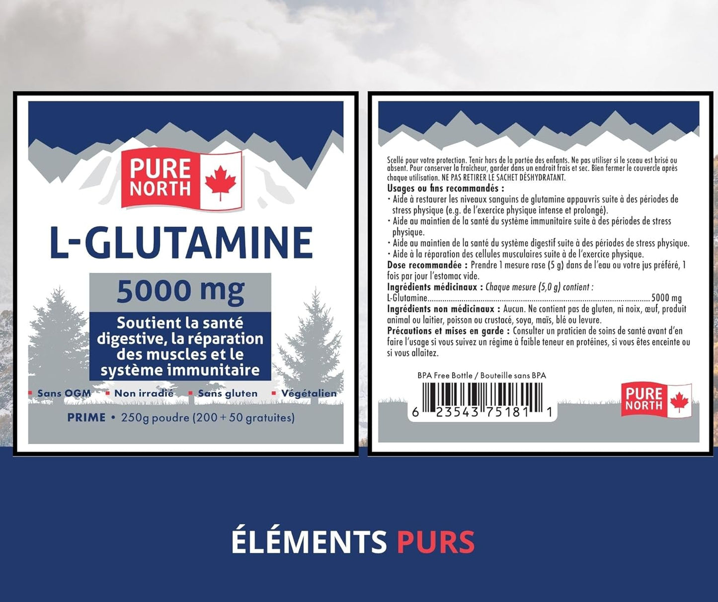 Pure North Naturals - L-谷氨酰胺 5000 毫克，250 克粉劑，50 份 - 腸道健康和消化健康 - 支持肌肉修復和支持免疫系統 - 經第三方測試 - 加拿大配製和製造